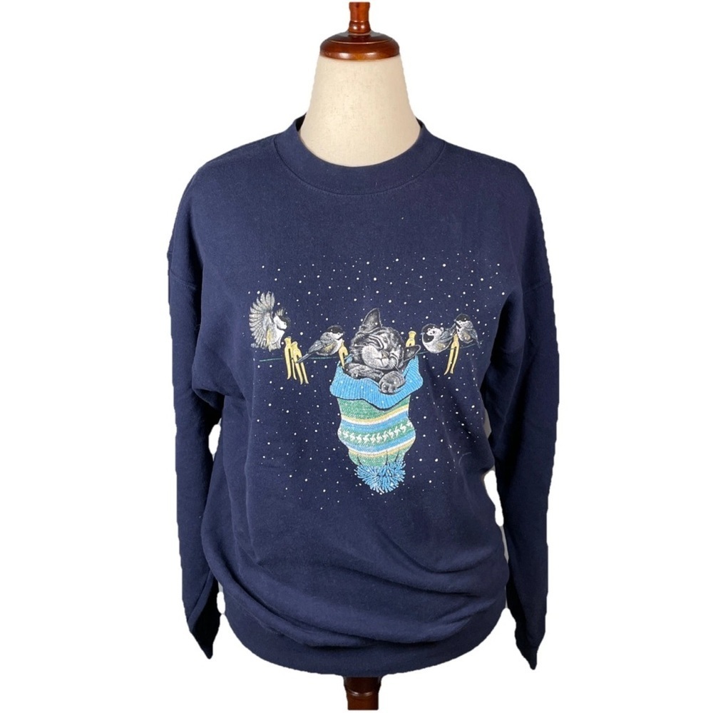Endless Designs Vintage Winter Cat Birds Crewneck Sweatshirt Size Large In Blue